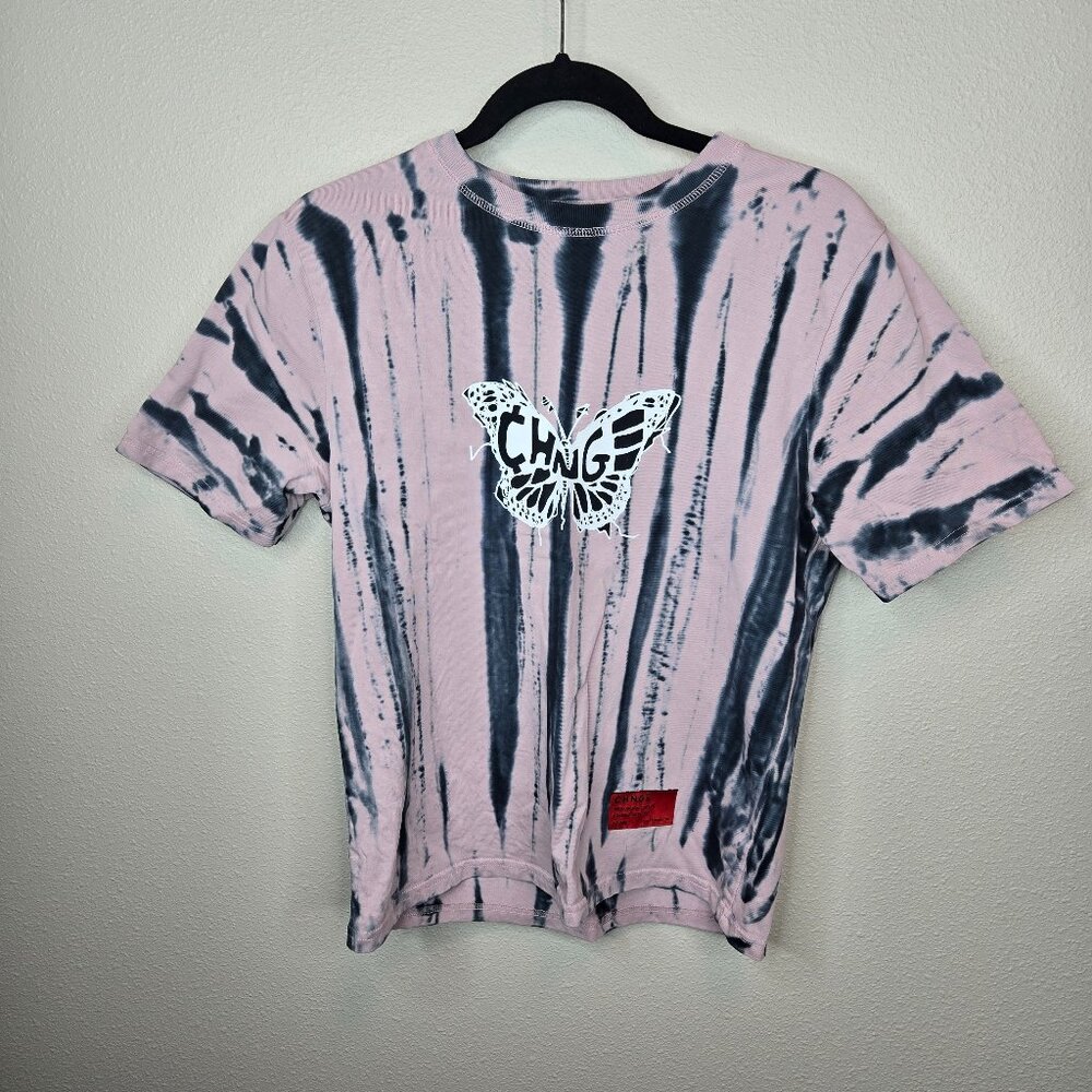 CHNGE Women's Oversized T-Shirt Pink and Black Tie-Dye. Butterfly Logo Size: XS
